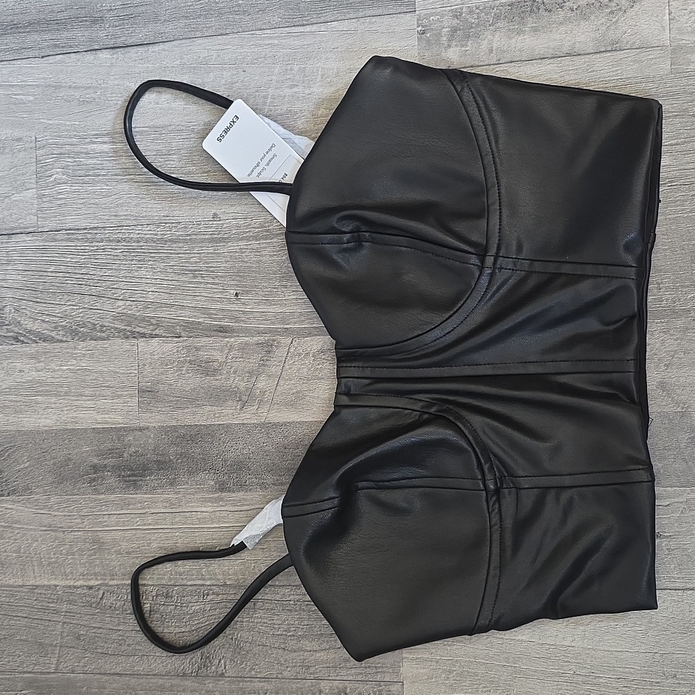 NWT, Express • Black Body Contour Leather Corset Crop Top, Size Small